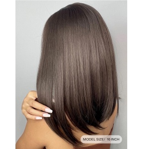 Peruca pentru femei, lungime medie, dreapta, cu breton, culoarea saten maro ciocolata natural, 40 cm - Img 3