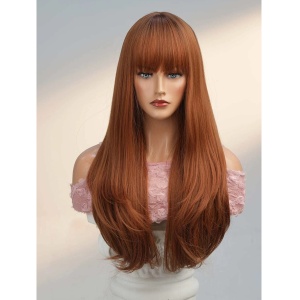 Peruca pentru femei, par lung drept cu breton, culoarea roscat aramiu, 66 cm - Img 4