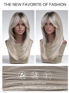 Peruca pentru femei, par lung tuns in scari, cu breton, culoarea blond cenusiu, lungime 45 cm, theCasius.® - Img 6