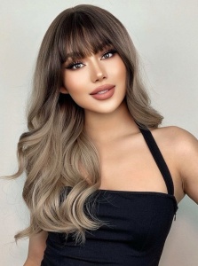 Peruca pentru femei, par lung usor ondulat, cu breton, imita parul natural, culoarea blond cenusiu ombre, lungime 66 cm - Img 2