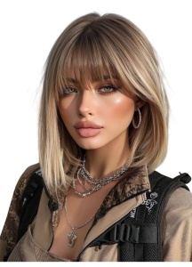 Peruca pentru femei, tunsoare Bob scurta dreapta, cu breton, fibra sintetica rezistenta la caldura, 30 cm, blond auriu