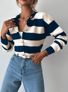 Pulover casual pentru dama cu nasturi, model cu dungi, marime universala, culoarea alb cu bleumarin - Img 4