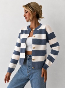 Pulover casual pentru dama cu nasturi, universal, dungi alb cu albastru deschis - Img 4