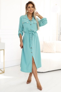 Rochie camasa midi cu nasturi si cravate aurii - menta - Img 3