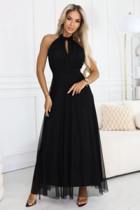 Rochie de seară elegantă maxi halter cu tul și legătură la talie - neagră
