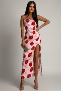 Rochie din satin - Flori roz - Img 3