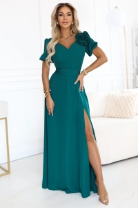 Rochie lungă elegantă cu trandafir, curea și crăpătură înaltă - verde sticlă