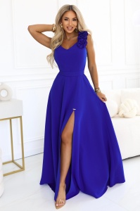 Rochie maxi de seară elegantă cu crestătură și trandafiri - albastru viorelă
