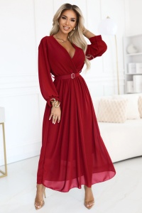 Rochie maxi elegantă, plisată, cu curea și decolteu înfășurat - vișiniu