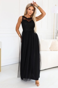 Rochie maxi romantică cu dantelă brodată și tul - neagră