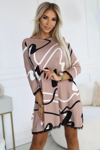 Rochie pulover trapezoidala cu dantela - bej cu model alb-negru - Img 2