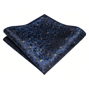 Set pentru barbati cu imprimeu floral, material satinat, include cravata, clema, batista, butoni si ac de rever, albastru cu insertii galbene - Img 3