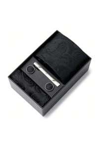 Set pentru barbati, include cravata, batista de buzunar, butoni, clema de cravata in design clasic, culoarea negru cu model, The Casius.®