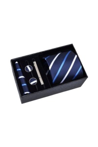 Set pentru barbati, include cravata, batista de buzunar, butoni, clema de cravata in design clasic, culoarea albastru cu dungi bleu si albe, The Casius.®