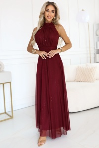 VERONICA Rochie lungă luxoasă cu accent de brocart și o croială elegantă - vișinie
