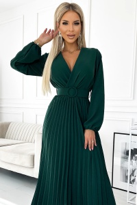 VIVIANA Rochie midi plisată cu decolteu, mânecă lungă și cordon lat - VERDE STICLĂ - Img 4