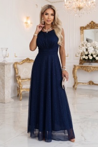 AVELINE Rochie maxi lungă cu tul cu sclipici și decolteu rotund - bleumarin