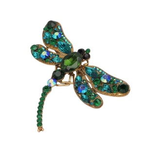 Brosa in forma de libelula, model Dragonfly, cu strasuri, culoarea verde smarald