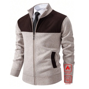 Cardigan pentru barbati captusita cu fermoar cu insertie de material raiat pe umeri, culoarea bej maro