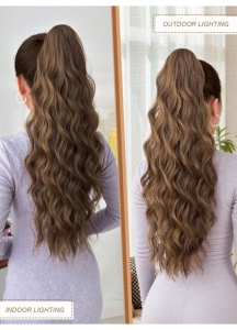 Coada de par extensie ponytail, par ondulat, cu sistem de prindere tip cleste, 61 cm, culoarea maro - Img 4