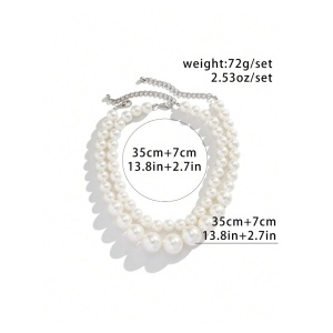 Colier choker cu doua randuri de perle faux, diametru 35+7 cm, culoarea alb - Img 6