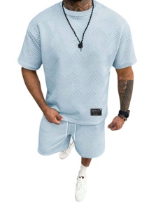 Compleu de tricou si pantaloni scurti pentru barbati, material texturat, culoarea bleu