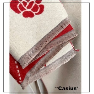 Esarfa lunga tip sal pentru dama din materiale premium, model floral si carouri, rosu si bej - Img 6