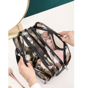 Geanta pentru cosmetice cu doua compartimente de capacitate mare, 30.5 cm, culoarea negru fumuriu transparent - Img 4