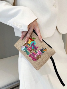 Geanta tote din material de in cu portofel, model Best Teacher Ever, 34 x 14 x 31 cm, bej - Img 3