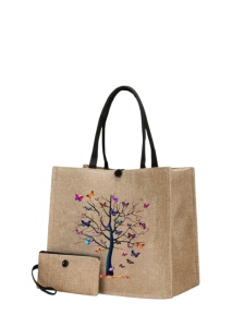 Geanta tote din material de in cu portofel, model Copac cu fluturi, 31 x 35 x 13.5 cm, culoarea bej