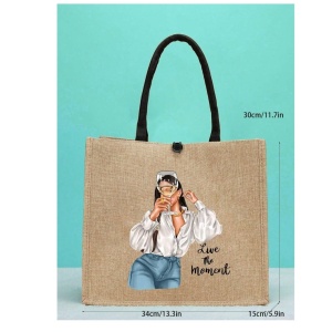Geanta tote din material de in cu portofel, model Fata cu pahar, 34x31x15x15 cm, culoarea bej - Img 4