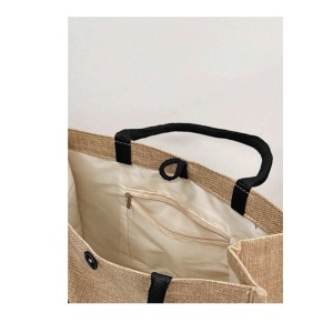 Geanta tote din material de in cu portofel, model Fata in legan, 34x30x17.5 cm, culoarea bej - Img 5