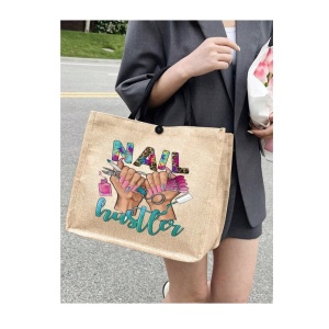 Geanta tote din material de in cu portofel, model Nails Tech, 30 x 34 x 17.5 cm, culoarea bej, culoarea bej - Img 3