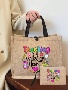 Geanta tote din material de in cu portofel, model Teaching, potrivita pentru invatatoare, 31 x 34 cm, culoarea bej - Img 2
