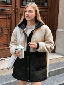 Jachetă damă casual primăvară-toamnă cu blană artificială, design contrastant, închidere cu capse, buzunare laterale, stil elegant și confortabil - Img 5