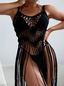 Kimono de plaja, model crosetat cu franjuri, marime universala, culoarea negru - Img 3