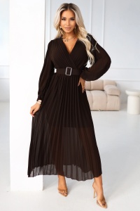 KLARA Rochie midi elegantă, plisată, cu curea și decolteu - ciocolatiu - Img 3