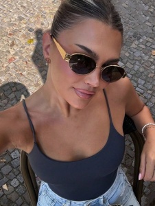 Ochelari de soare retro ovali pentru femei, lentila inchisa la culoare, rama aurie - Img 5