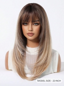 Peruca par lung tuns in stil fluture, breton, culoarea blond saten suvitat, radacini inchise, lungime 55 cm - Img 4