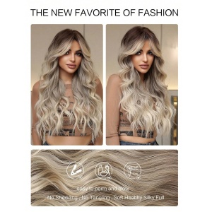 Peruca pentru femei cu par lung ondulat, breton, culoarea blond cenusiu balayage, 65 cm - Img 5