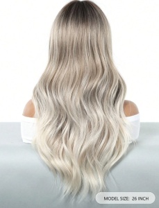 Peruca pentru femei, par lung ondulat, cu breton, 66 cm, culoarea blond rece suvitat, radacini inchise - Img 6