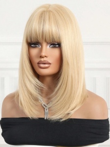 Peruca pentru femei, par lung ondulat, cu breton, imita parul natural, 35.5 cm, culoarea blond deschis, theCasius.® - Img 5