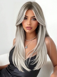 Peruca pentru femei, par lung tuns in scari, cu breton, culoarea blond cenusiu, lungime 45 cm, theCasius.® - Img 3
