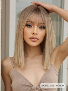 Peruca pentru femei, par lungime medie drept, cu breton, 40 cm, culoarea blond natural - Img 4