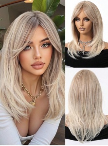 Peruca pentru femei, par scurt bob, cu breton, imita parul natural, culoarea blond auriu cu radacina inchisa, lungime 40 cm - Img 2