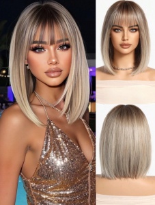 Peruca pentru femei, tunsoare par scurt bob, cu breton, lungime 30.5 cm, culoarea blond cenusiu cu radacini inchise - Img 3