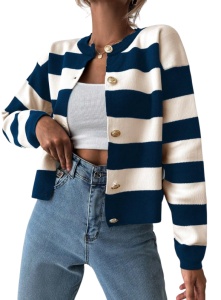 Pulover casual pentru dama cu nasturi, model cu dungi, marime universala, culoarea alb cu bleumarin