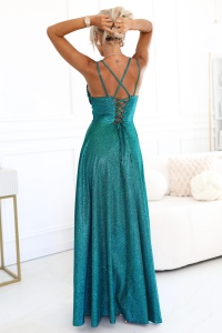 Rochie lungă cu strălucire subtilă și legături la spate cu corset - verde cu sclipici - Img 2