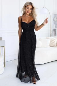 Rochie maxi cu sclipici, cu bretele și decolteu petrecut - negru