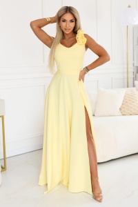 Rochie maxi de seară elegantă cu crestătură și trandafiri - galben unt